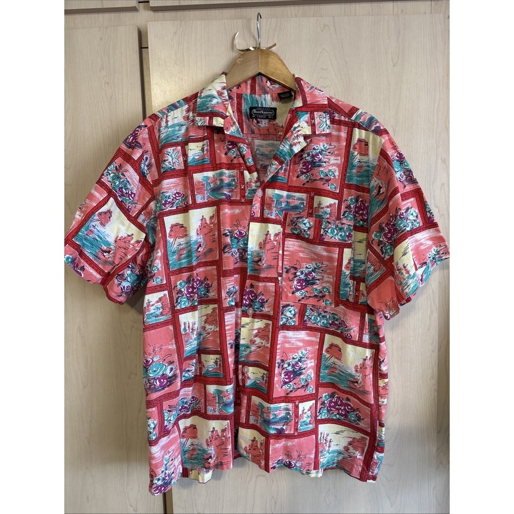 80s‎ Vintage BonHomme New York USA Pastel Floral Short Sleeve Button-Down Shirt